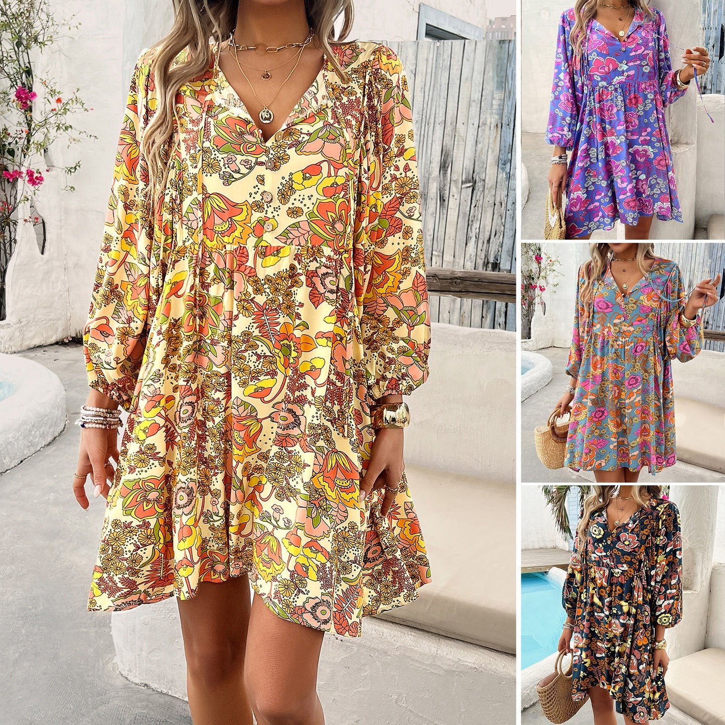 Free shipping - Women's vacation printed long sleeved dress