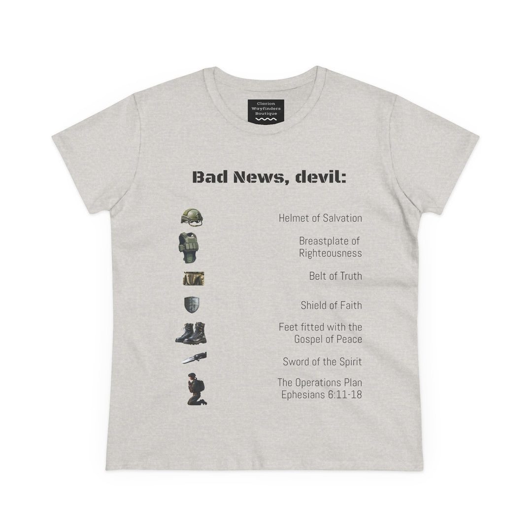 Amor of God Women's Graphic Tee - 'Bad News, Devil' - Casual Wear, Gift for Her, Humor Top, Everyday Fashion, Unique Statement Shirt