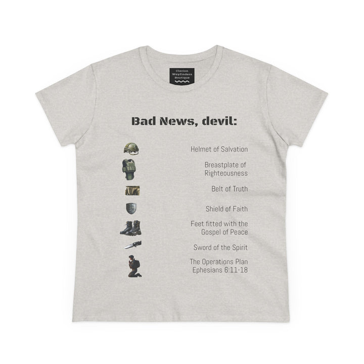 Amor of God Women's Graphic Tee - 'Bad News, Devil' - Casual Wear, Gift for Her, Humor Top, Everyday Fashion, Unique Statement Shirt