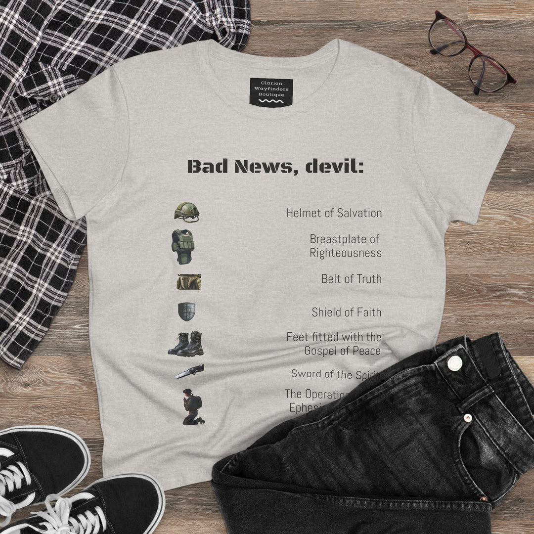 Amor of God Women's Graphic Tee - 'Bad News, Devil' - Casual Wear, Gift for Her, Humor Top, Everyday Fashion, Unique Statement Shirt