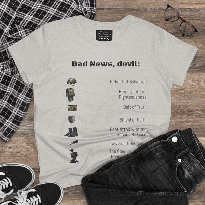 Amor of God Women's Graphic Tee - 'Bad News, Devil' - Casual Wear, Gift for Her, Humor Top, Everyday Fashion, Unique Statement Shirt