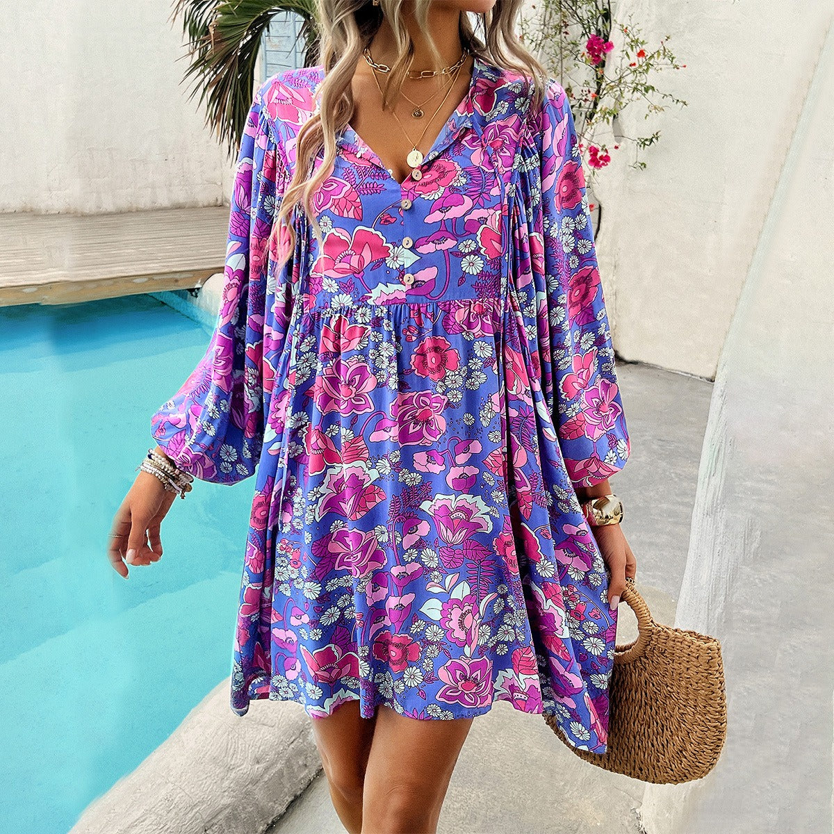 Free shipping - Women's vacation printed long sleeved dress