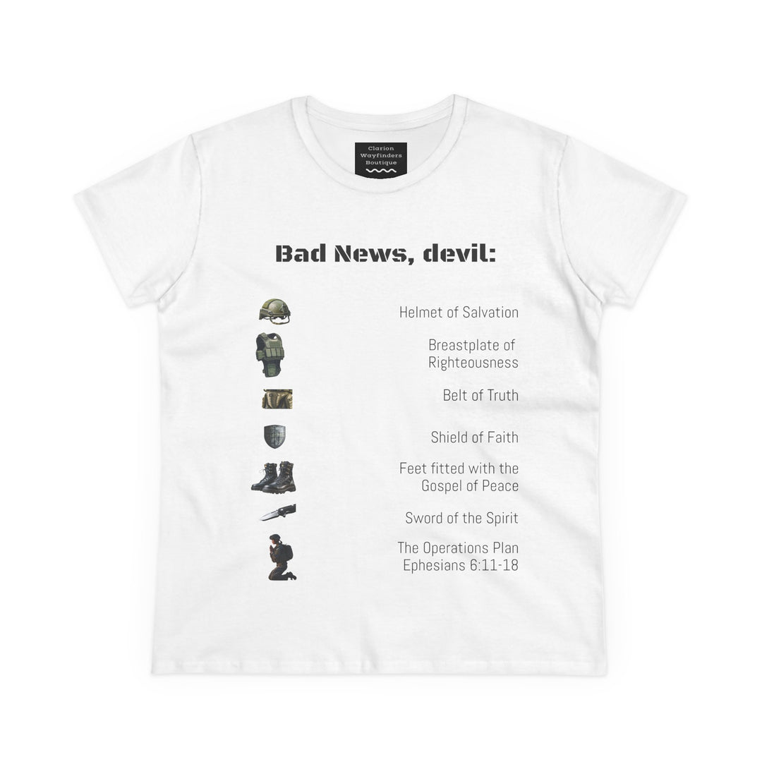 Amor of God Women's Graphic Tee - 'Bad News, Devil' - Casual Wear, Gift for Her, Humor Top, Everyday Fashion, Unique Statement Shirt