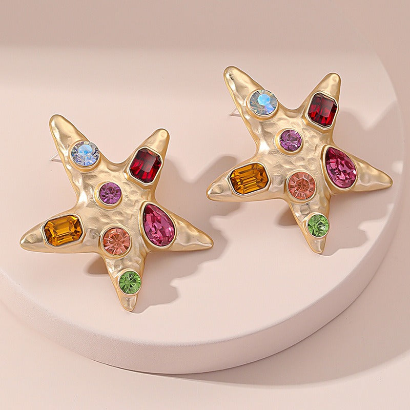 Rhinestone studded beach style starfish earrings