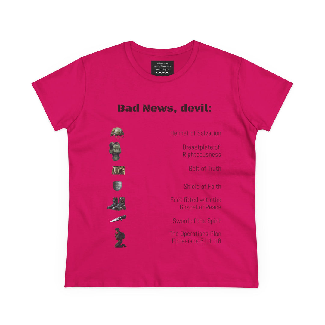 Amor of God Women's Graphic Tee - 'Bad News, Devil' - Casual Wear, Gift for Her, Humor Top, Everyday Fashion, Unique Statement Shirt