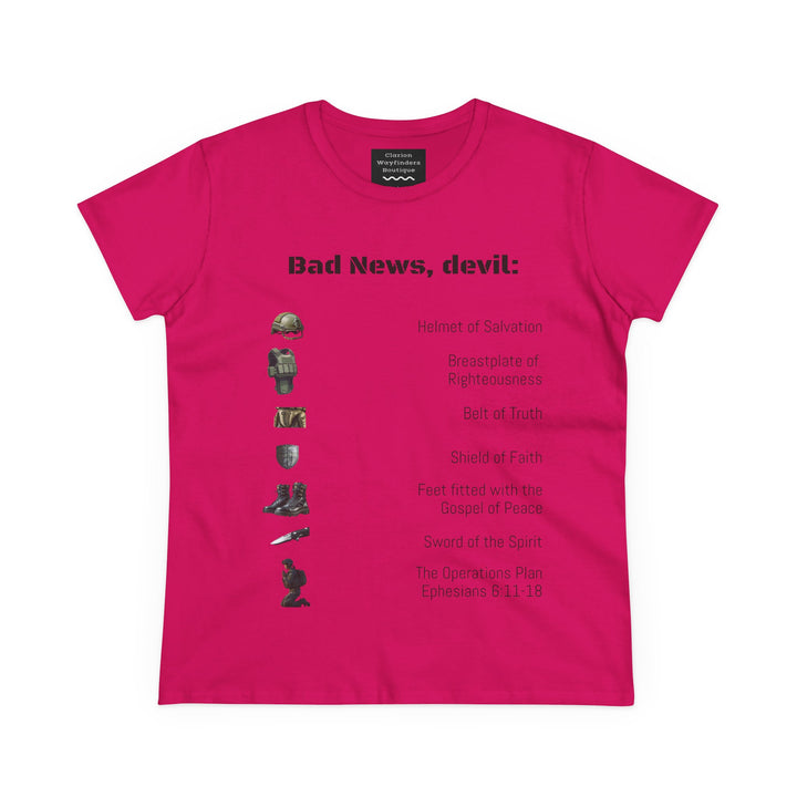 Amor of God Women's Graphic Tee - 'Bad News, Devil' - Casual Wear, Gift for Her, Humor Top, Everyday Fashion, Unique Statement Shirt