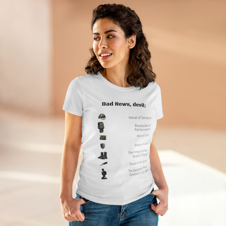 Amor of God Women's Graphic Tee - 'Bad News, Devil' - Casual Wear, Gift for Her, Humor Top, Everyday Fashion, Unique Statement Shirt