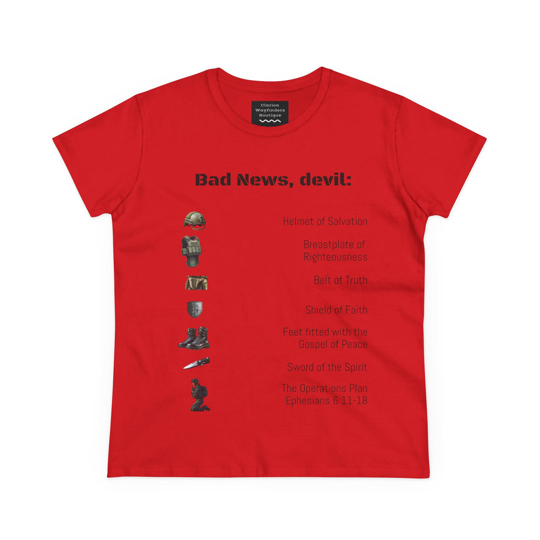 Amor of God Women's Graphic Tee - 'Bad News, Devil' - Casual Wear, Gift for Her, Humor Top, Everyday Fashion, Unique Statement Shirt