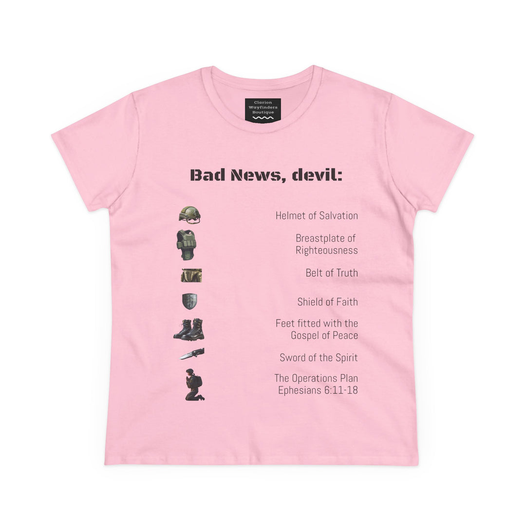 Amor of God Women's Graphic Tee - 'Bad News, Devil' - Casual Wear, Gift for Her, Humor Top, Everyday Fashion, Unique Statement Shirt