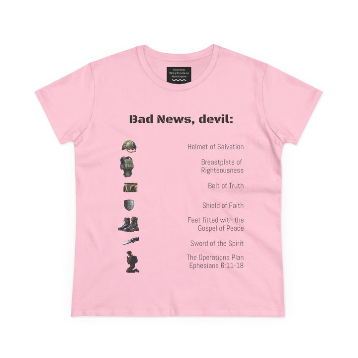 Amor of God Women's Graphic Tee - 'Bad News, Devil' - Casual Wear, Gift for Her, Humor Top, Everyday Fashion, Unique Statement Shirt