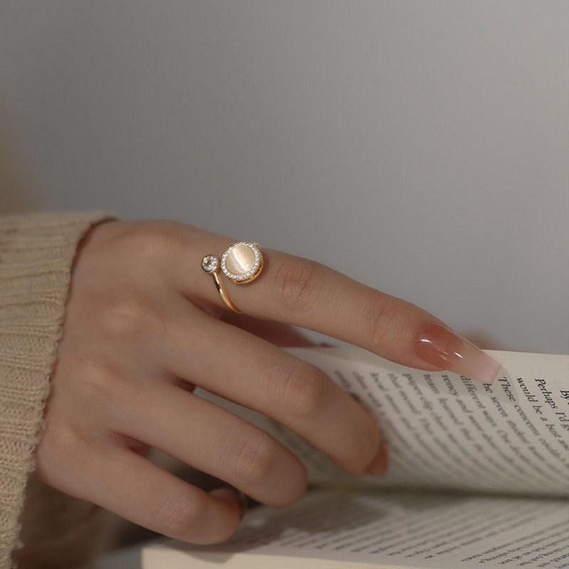 Unique brass copper costume adjustable open ring with cat eye stone