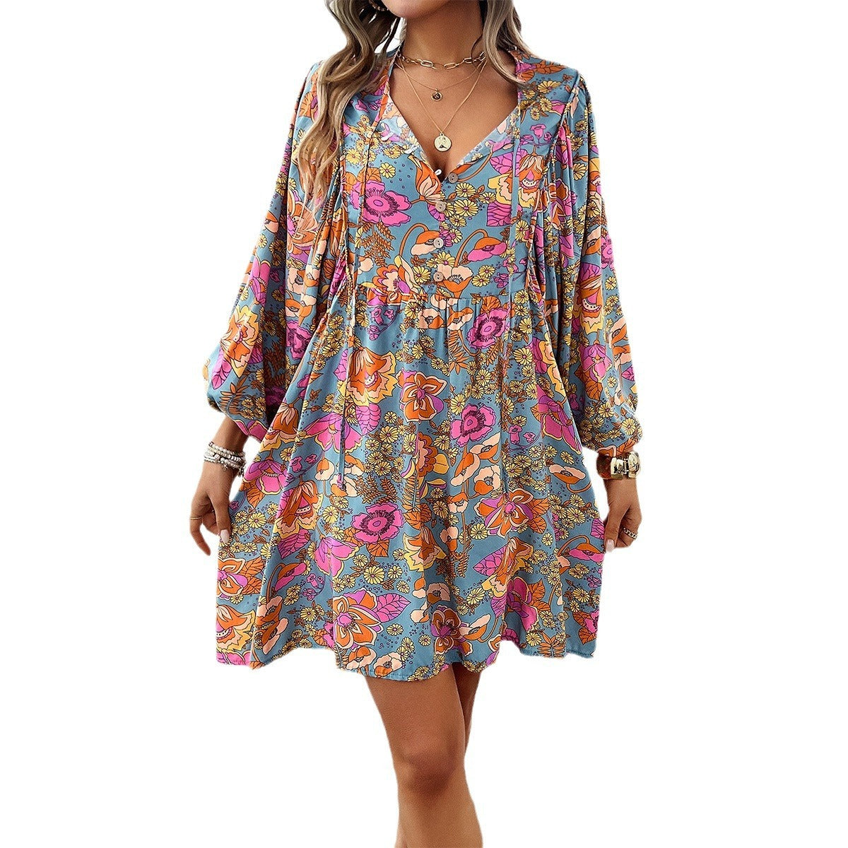 Free shipping - Women's vacation printed long sleeved dress