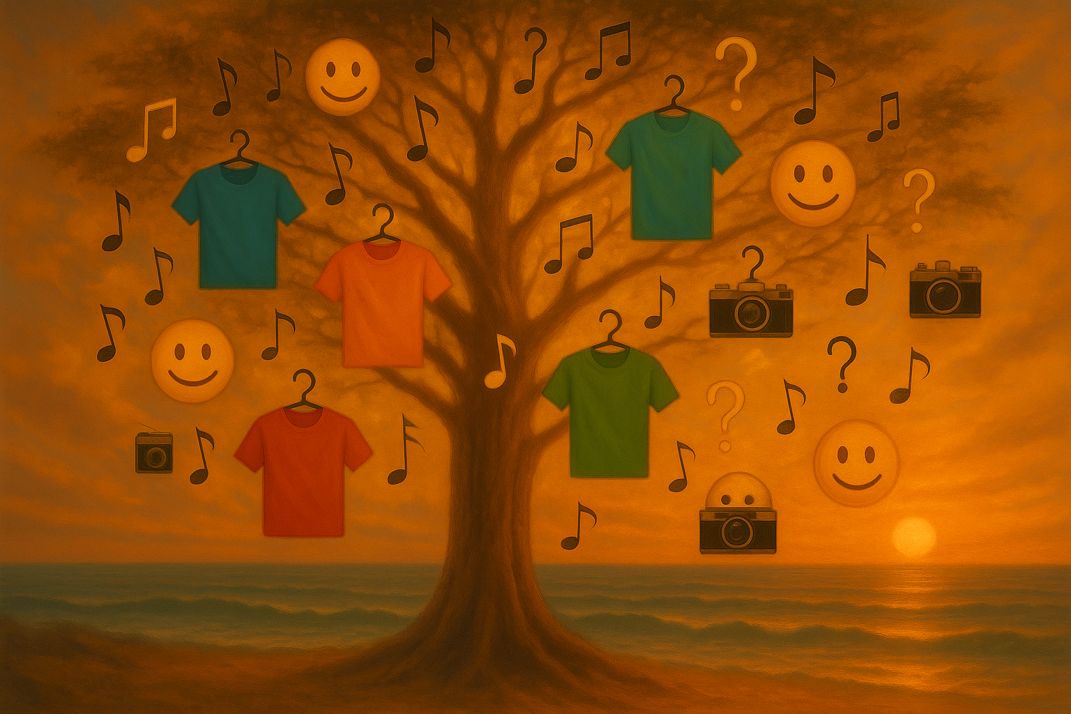 Magical tree with various items by the ocean